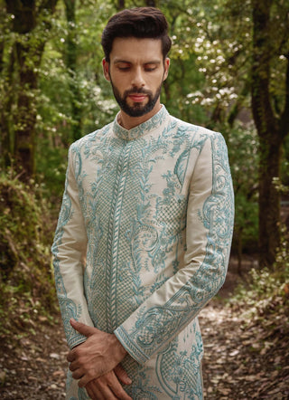 Floral mosaic blue sherwani and pants