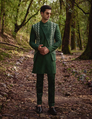 Olive green open jacket and kurta set