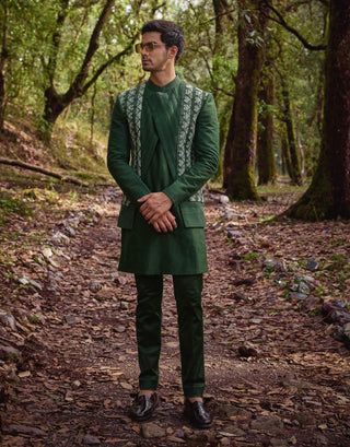 Olive green open jacket and kurta set