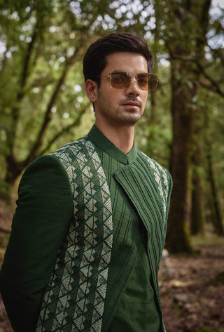 Olive green open jacket and kurta set