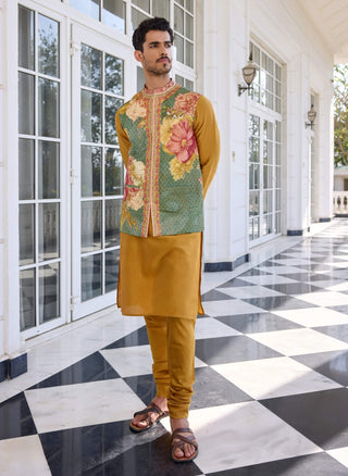 Mahir green bundi and mustard kurta set