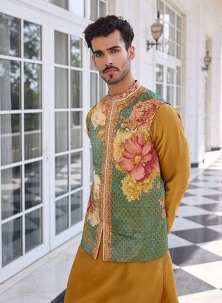 Mahir green bundi and mustard kurta set