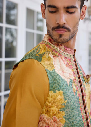 Mahir green bundi and mustard kurta set