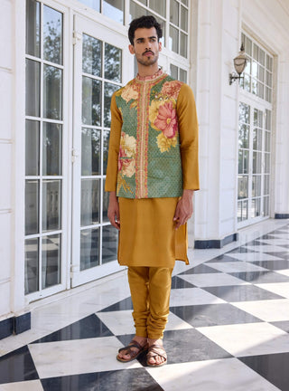 Mahir green bundi and mustard kurta set