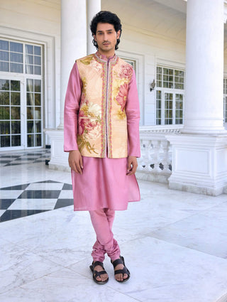 Mahir beige bundi and pink kurta set