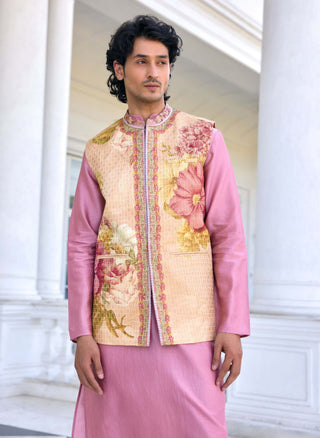 Mahir beige bundi and pink kurta set