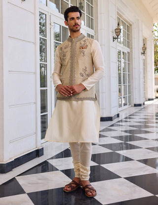 Nazeer slate green bundi and ivory kurta set