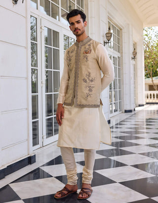 Nazeer slate green bundi and ivory kurta set