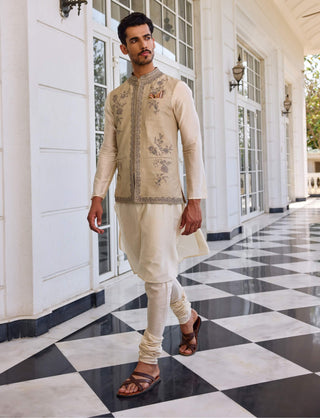 Nazeer slate green bundi and ivory kurta set