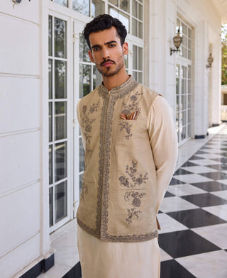 Nazeer slate green bundi and ivory kurta set
