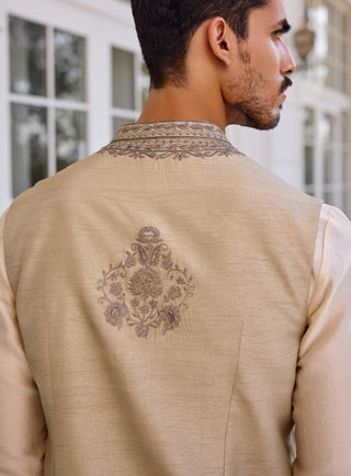 Nazeer slate green bundi and ivory kurta set