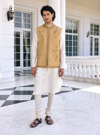 Nazeer golden beige bundi and ivory kurta set