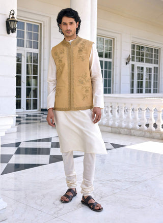 Nazeer golden beige bundi and ivory kurta set