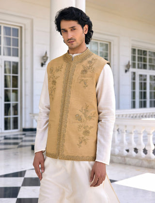 Nazeer golden beige bundi and ivory kurta set