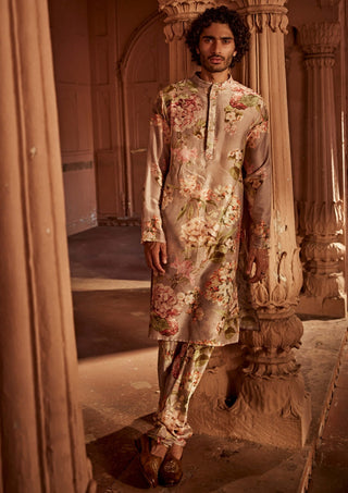 Viraj Stone Gray Kurta And Churidaar by Kalista Men, available on Indiaspopup.com