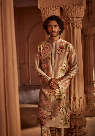 Viraj Stone Gray Kurta And Churidaar by Kalista Men, available on Indiaspopup.com