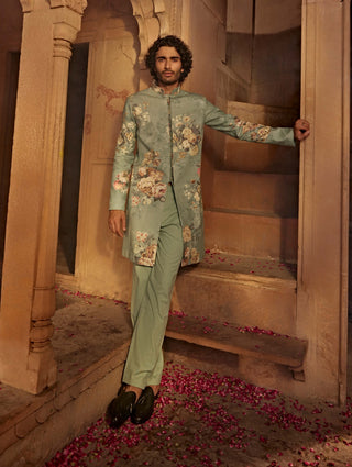 Saif Mint Blue Sherwani And Pants by Kalista Men, available on Indiaspopup.com