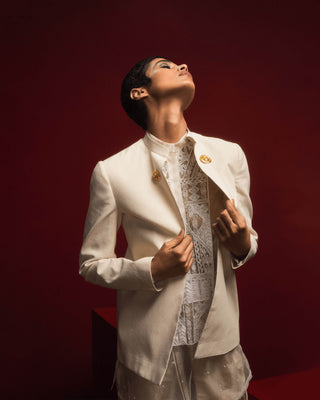 Ecru Matsya Bandi Jacket Set by House Of Masaba, available on Indiaspopup.com