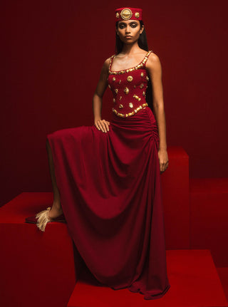 Crimson Sticky Toffee Corset And Skirt by House Of Masaba, available on Indiaspopup.com