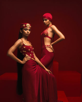 Crimson Sticky Toffee Corset And Skirt by House Of Masaba, available on Indiaspopup.com