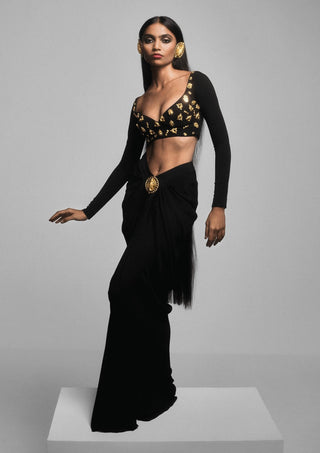 Black Siren Blouse And Draped Skirt by House Of Masaba, available on Indiaspopup.com