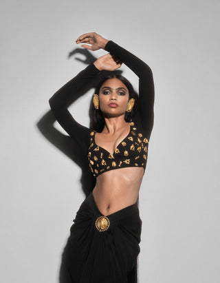 Black Siren Blouse And Draped Skirt by House Of Masaba, available on Indiaspopup.com