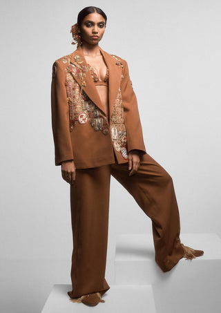 Brown Jaipur Jacket And Trouser Set by House Of Masaba, available on Indiaspopup.com
