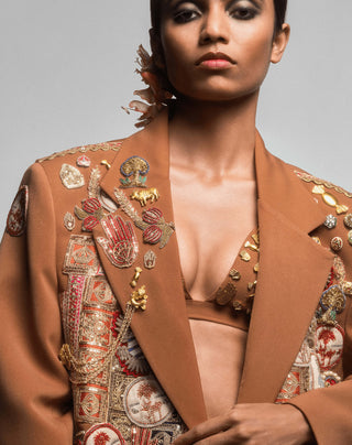 Brown Jaipur Jacket And Trouser Set by House Of Masaba, available on Indiaspopup.com