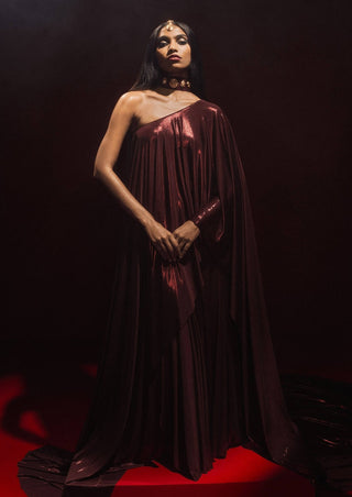 Burgundy Molten Lava Top And Skirt Set by House Of Masaba, available on Indiaspopup.com