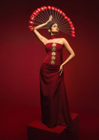 Red Ghana Gator Corset And Draped Skirt by House Of Masaba, available on Indiaspopup.com