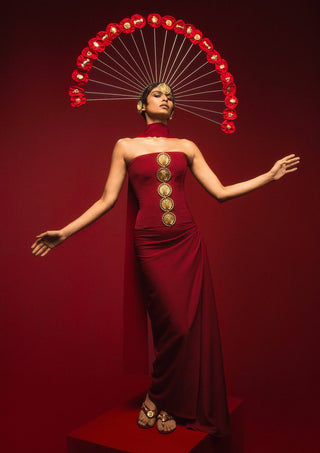 Red Ghana Gator Corset And Draped Skirt by House Of Masaba, available on Indiaspopup.com