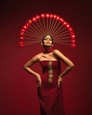 Red Ghana Gator Corset And Draped Skirt by House Of Masaba, available on Indiaspopup.com