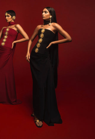 Black Ghana Gator Corset And Draped Skirt by House Of Masaba, available on Indiaspopup.com