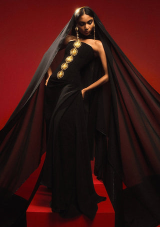 Black Ghana Gator Corset And Draped Skirt by House Of Masaba, available on Indiaspopup.com
