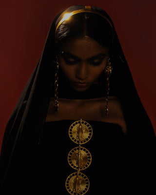 Black Ghana Gator Corset And Draped Skirt by House Of Masaba, available on Indiaspopup.com