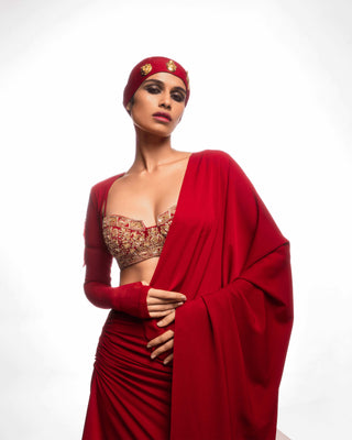 Crimson Manhattan Cocktail Sari Set by House Of Masaba, available on Indiaspopup.com