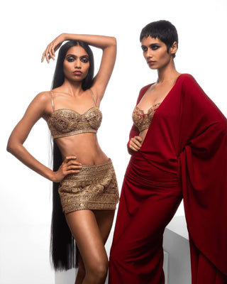 Crimson Manhattan Cocktail Sari Set by House Of Masaba, available on Indiaspopup.com