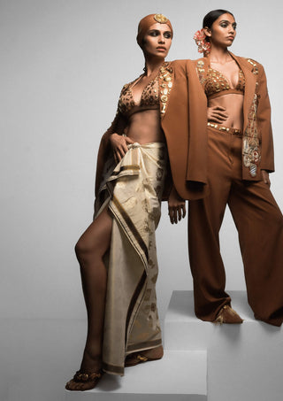 Tan Trophy Jacket And Lungi Set by House Of Masaba, available on Indiaspopup.com
