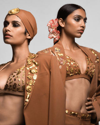 Tan Trophy Jacket And Lungi Set by House Of Masaba, available on Indiaspopup.com