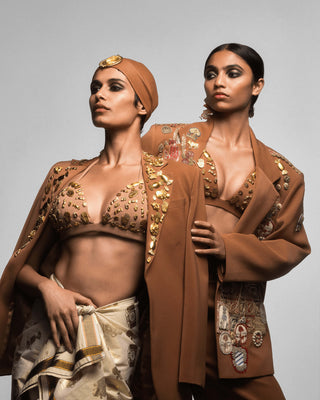 Tan Trophy Jacket And Lungi Set by House Of Masaba, available on Indiaspopup.com