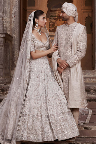 Matsya-Beige Silver Needle Holy Trinity Lehenga Set-INDIASPOPUP.COM