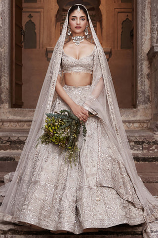 Matsya-Beige Silver Needle Holy Trinity Lehenga Set-INDIASPOPUP.COM
