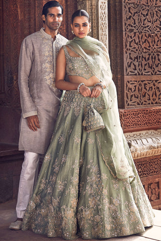 Sona Patti Jade Bow Lehenga Set by Matsya available on Indiaspopup.com
