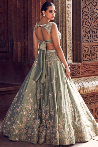 Sona Patti Jade Bow Lehenga Set by Matsya available on Indiaspopup.com