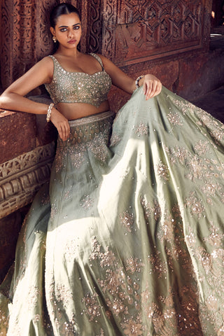 Sona Patti Jade Bow Lehenga Set by Matsya available on Indiaspopup.com