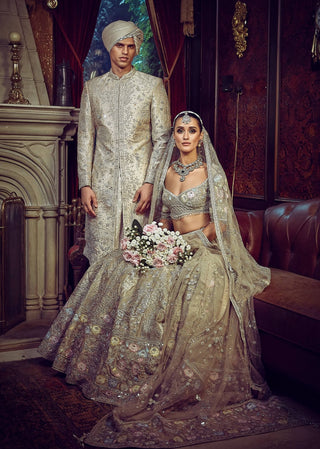 Autumn Antelope-Aged Gold Lehenga Set by Matsya available on Indiaspopup.com