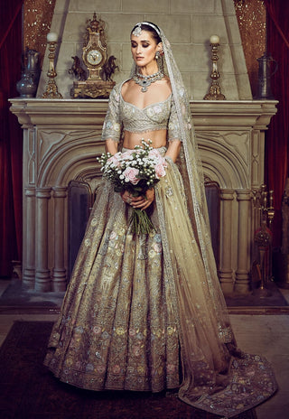 Autumn Antelope-Aged Gold Lehenga Set by Matsya available on Indiaspopup.com