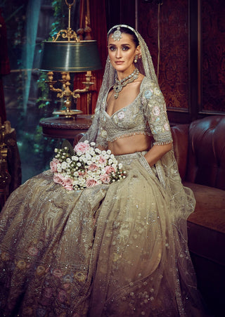 Autumn Antelope-Aged Gold Lehenga Set by Matsya available on Indiaspopup.com