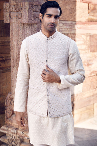 Ivory Wing Pocket Bundi And Kurta Set by Matsya Men available on Indiaspopup.com
