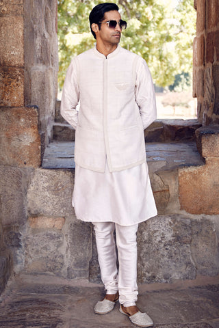 Ivory Handloom Iconic Wing Pocket Bundi And Kurta Set by Matsya Men available on Indiaspopup.com
